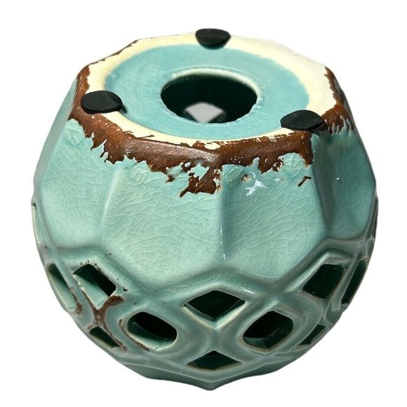 Light Teal and Brown Glazed Abstract Ceramic Votive Candle Holder - Picture 6 of 7